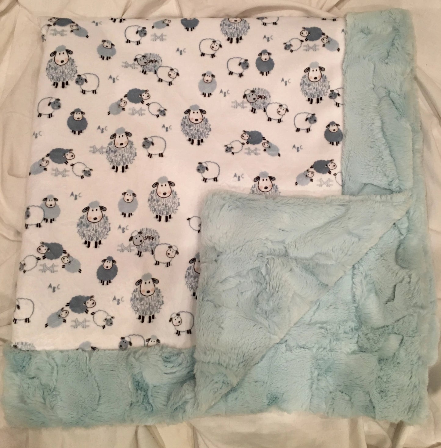 Baby Blanket Bordered in Luxe Cuddle Sea Glass Hide on Alpaclettes in Stone