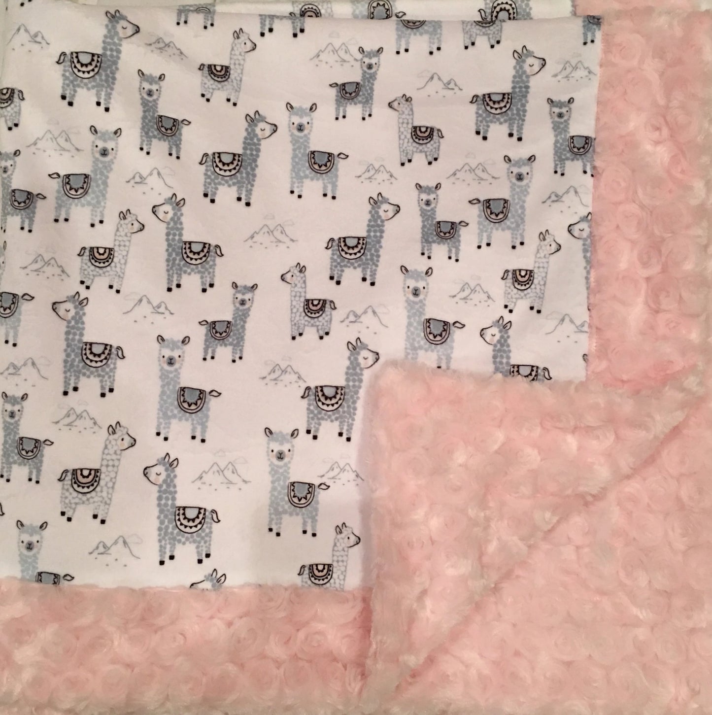 Baby Blanket Bordered in Luxe Cuddle Rosettes in Ice Pink on Alpaclettes in Stone