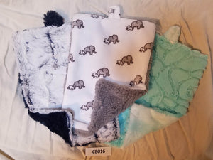 Blankies with Loops- Elephants Cuddle Snow with Silver, Teal, and Navy