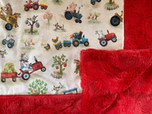 Load image into Gallery viewer, Blanket Bordered and Backed in Stella Red on Funny Farm in Beige