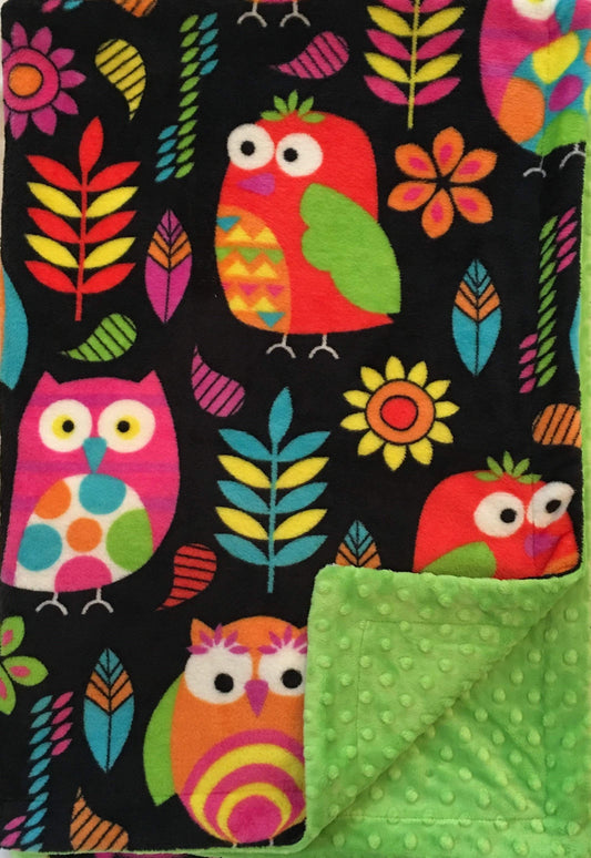 Heavenly Plush Minky Fleece Owl on Luxe Lime Dimple Dot