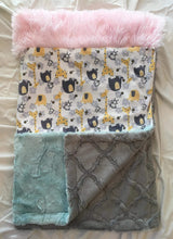 Load image into Gallery viewer, Jungle Dreams in Yellow, Sea Glass Hide and Baby Pink Shag Strip on Luxe Cuddle Lattice in Silver