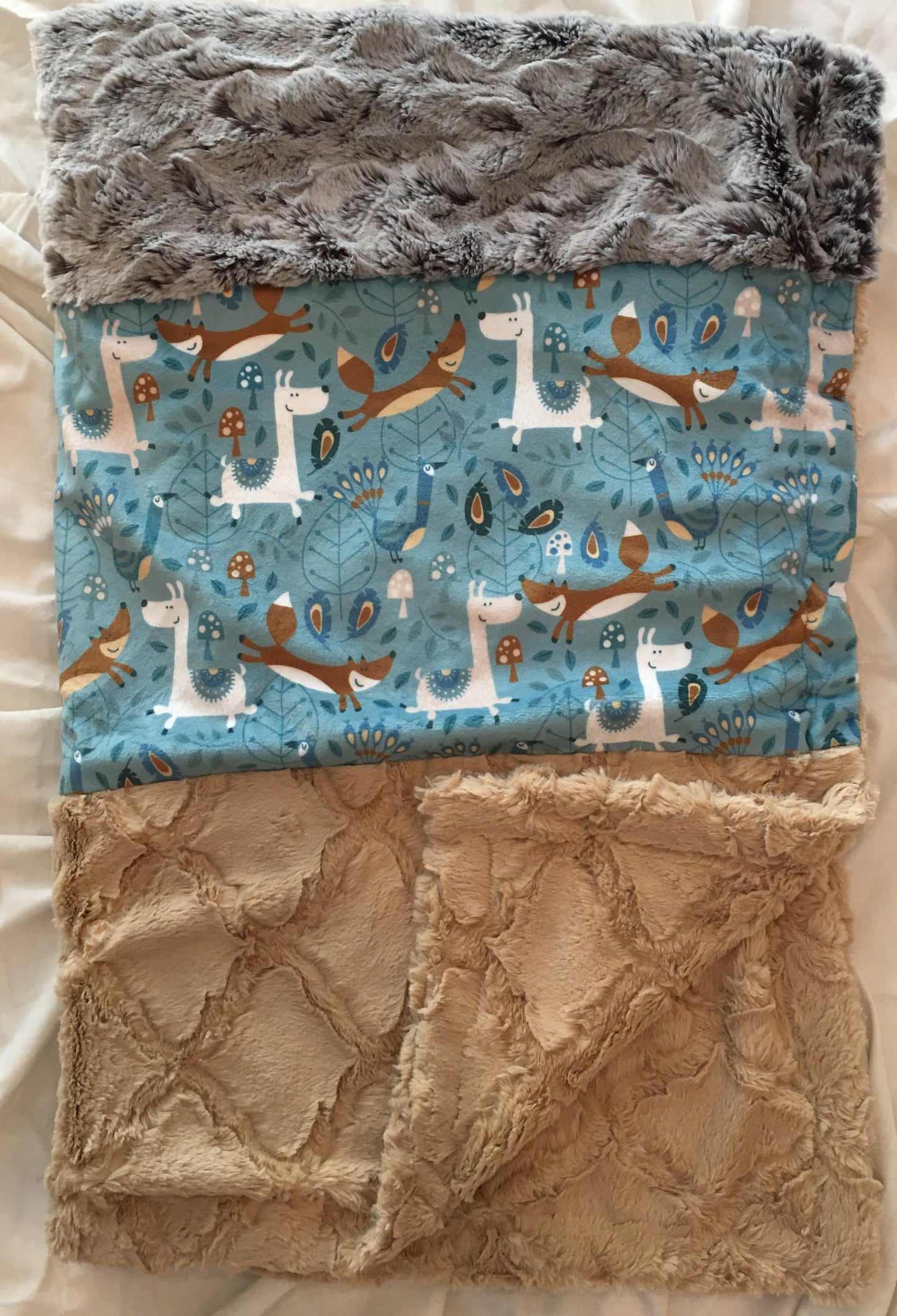 Strip Style Blanket: Machu Picchu Out N About and Bella Strip on Luxe Cuddle Lattice Sand