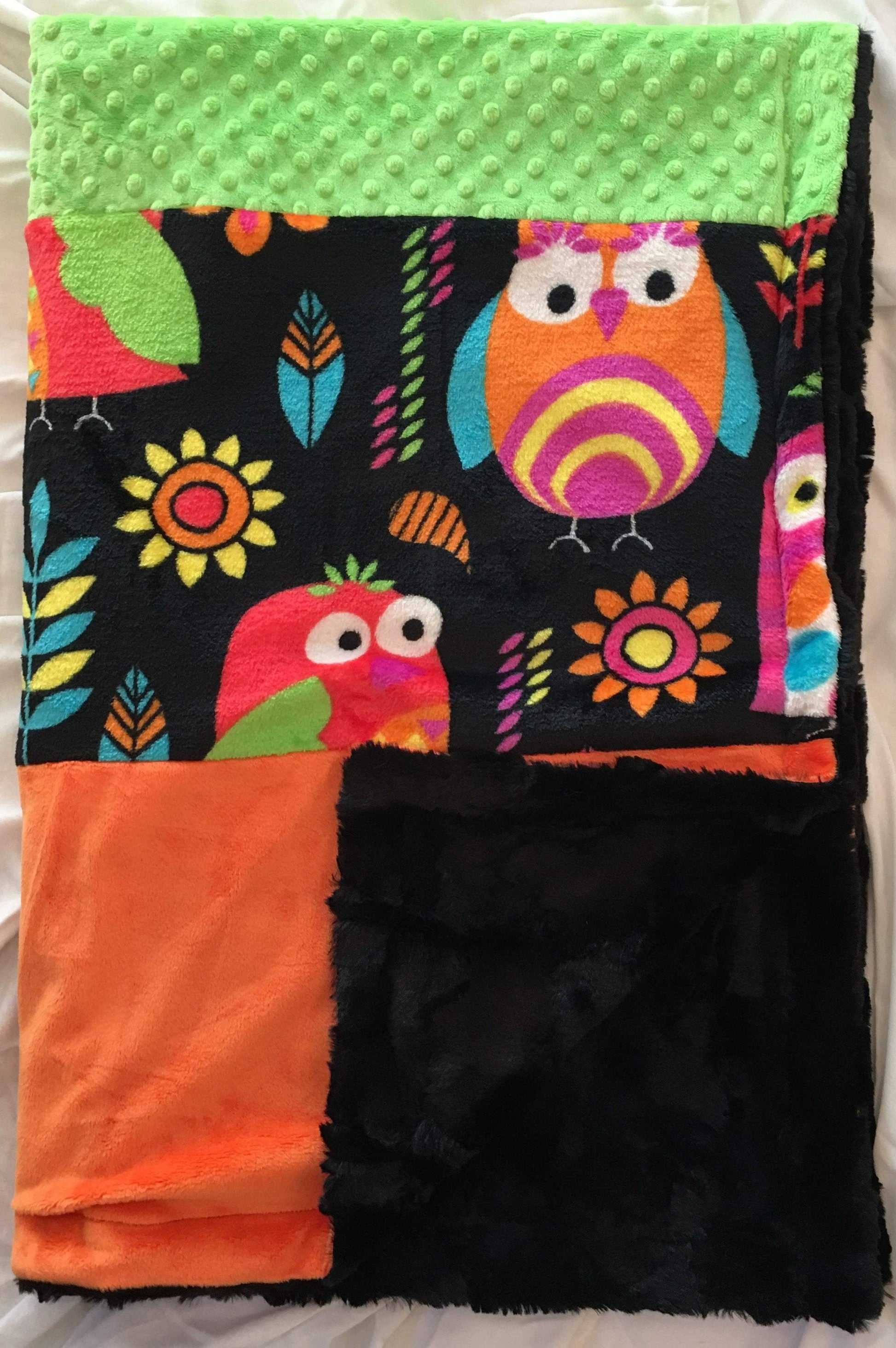 Heavenly Plush Fleece Owl Strip with Luxe Orange and Lime Dimple Dot on Luxe Cuddle Caviar Hide