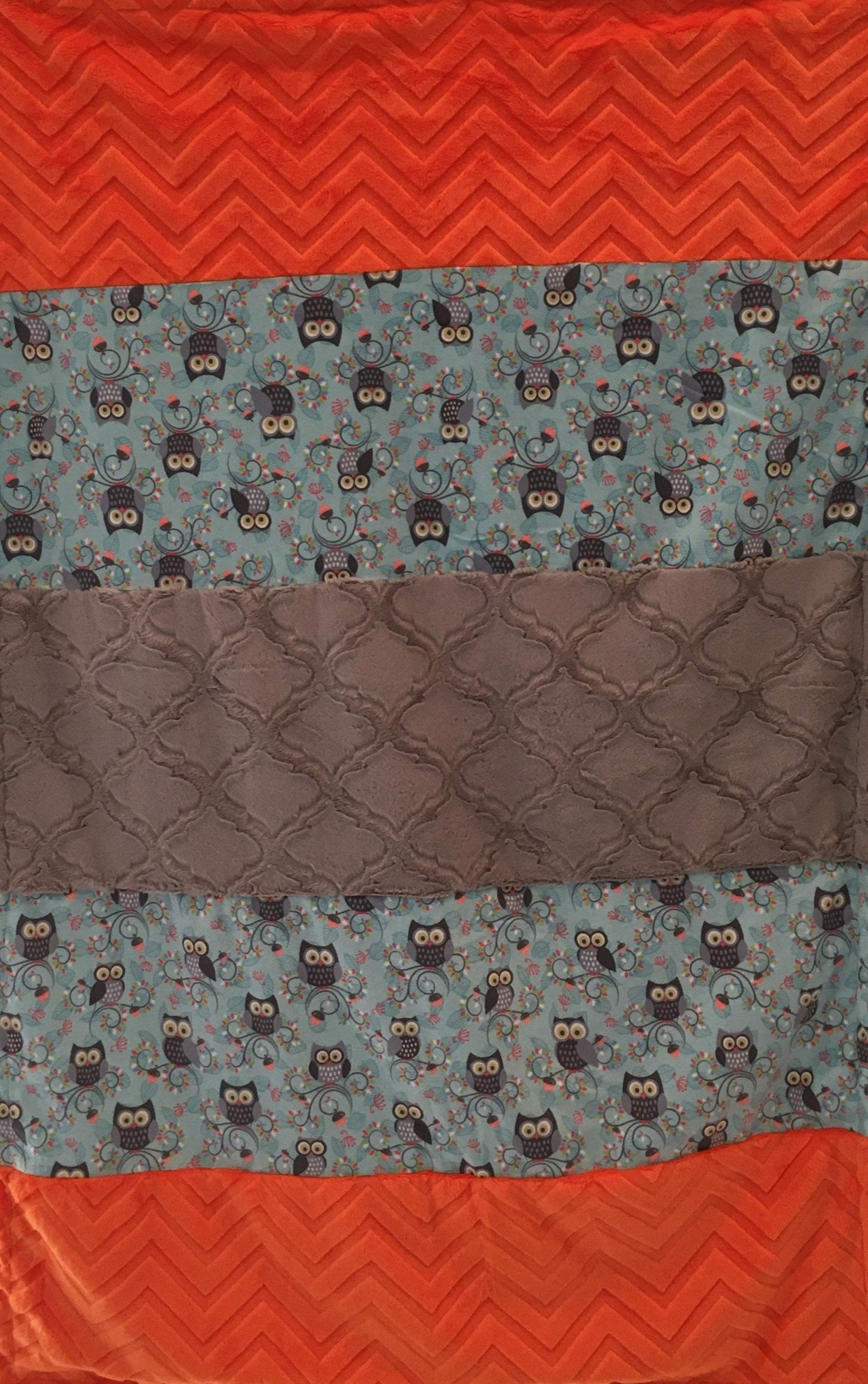 Happy Hooters Strip with Embossed Chevron Orange and Silver Lattice on Luxe Cuddle Sea Glass Hide