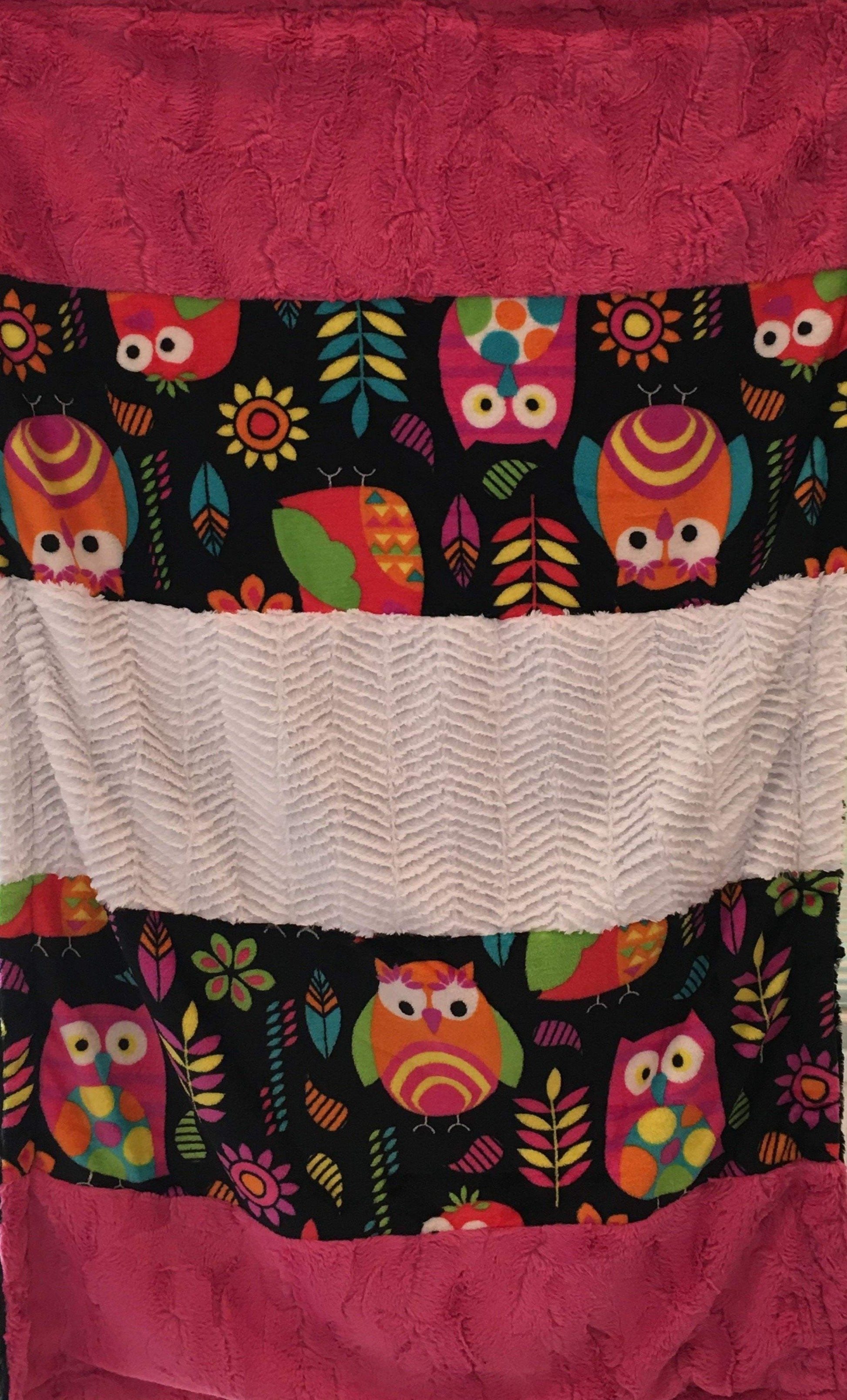 Heavenly Plush Minky Fleece Owl Strip with White Ziggy on Luxe Cuddle Caviar Hide