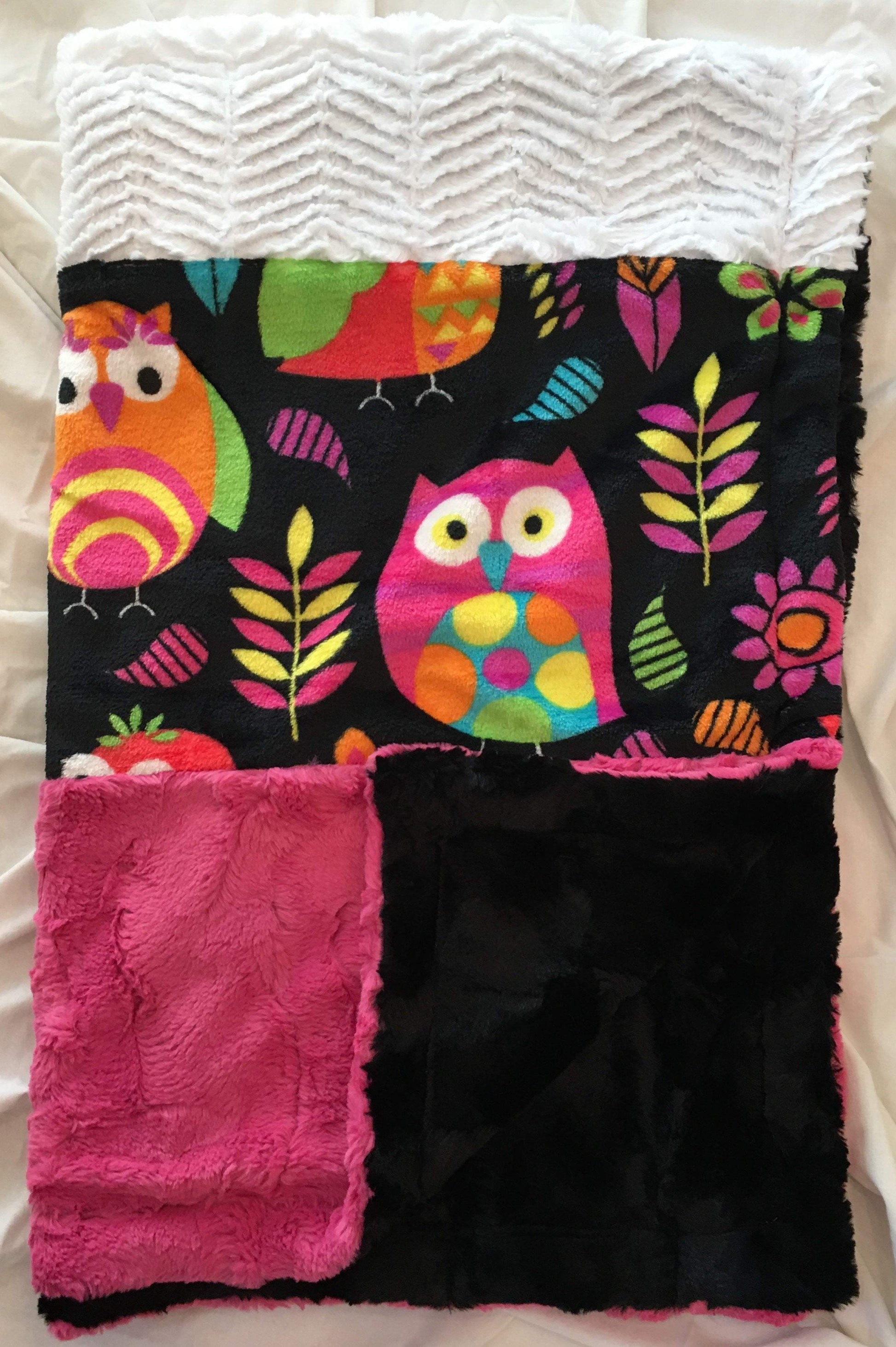 Heavenly Plush Minky Fleece Owl Strip with White Ziggy on Luxe Cuddle Caviar Hide
