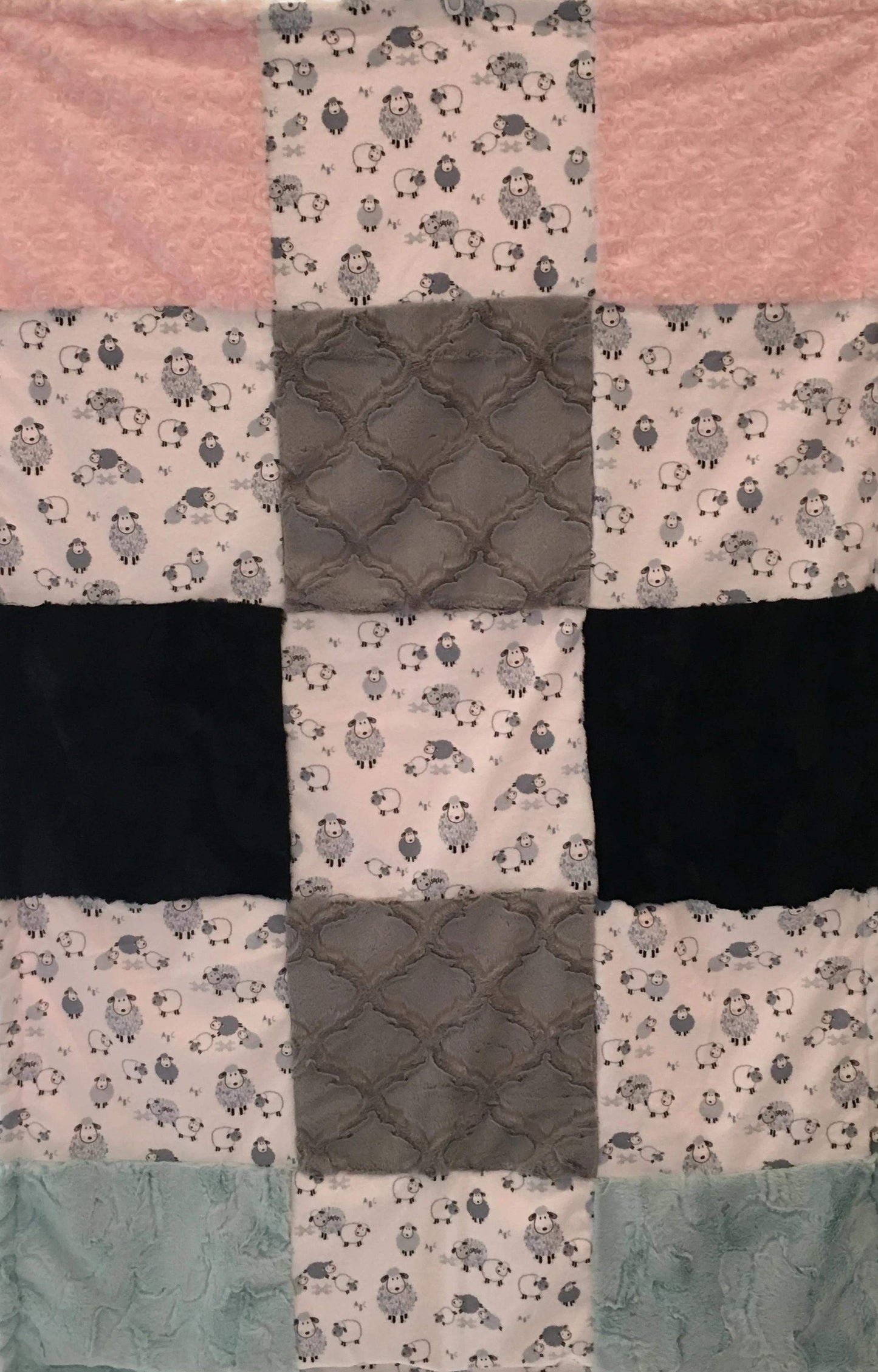 Alpha Sheep in Stone Patchwork on Luxe Cuddle Rosettes in Ice Pink