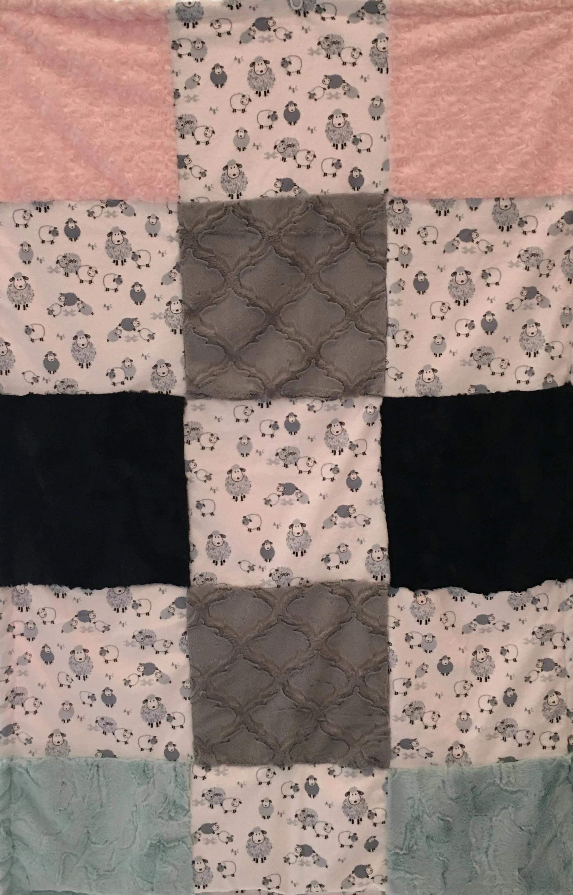 Alpha Sheep in Stone Patchwork on Luxe Cuddle Rosettes in Ice Pink