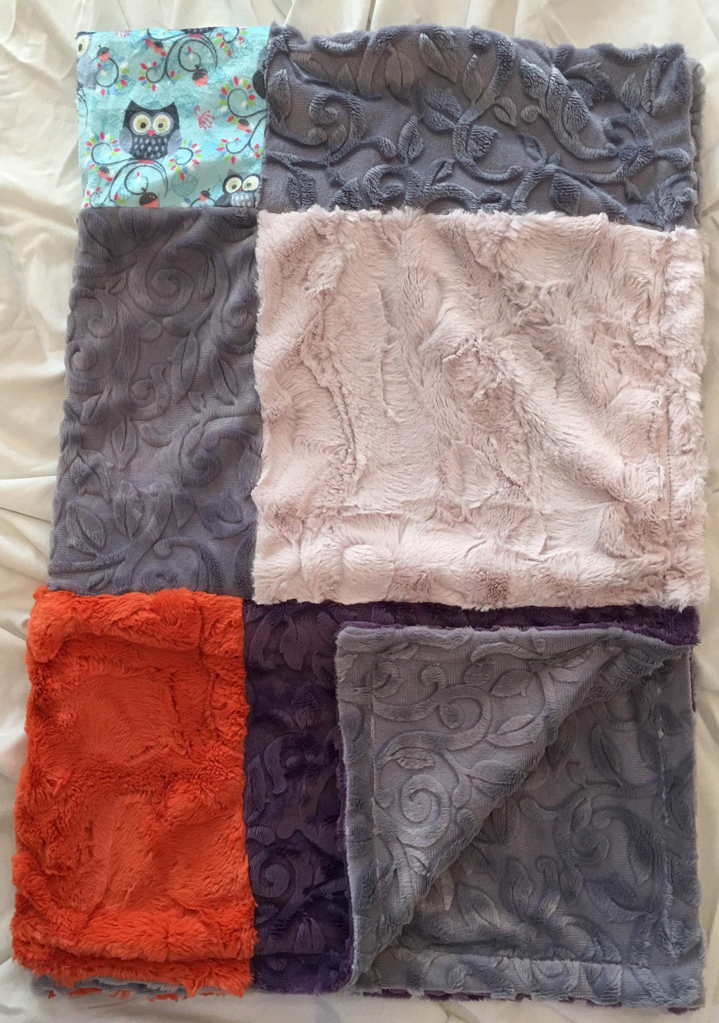 Happy Hooter in Aqua and Luxe Cuddle Embossed Vine and Hide Patchwork on Luxe Cuddle Embossed Vine in Plata
