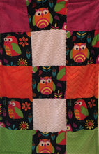 Load image into Gallery viewer, Patchwork Style Blanket: Heavenly Plush Minky Fleece Owl Patchwork on Cuddle Luxe Banana Hide