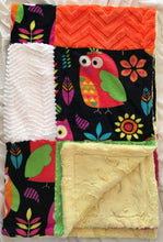Load image into Gallery viewer, Patchwork Style Blanket: Heavenly Plush Minky Fleece Owl Patchwork on Cuddle Luxe Banana Hide