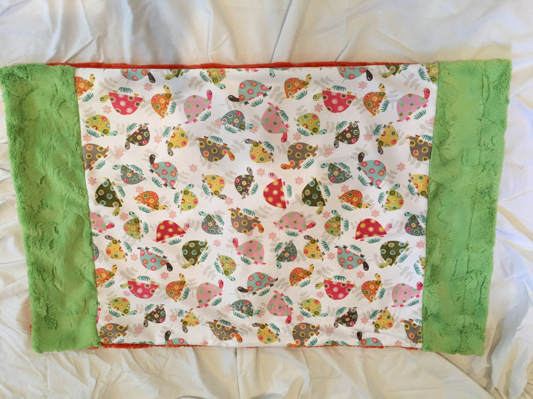 Pillowcase: Happy Turtles in White with Lime Trim on Mandarin