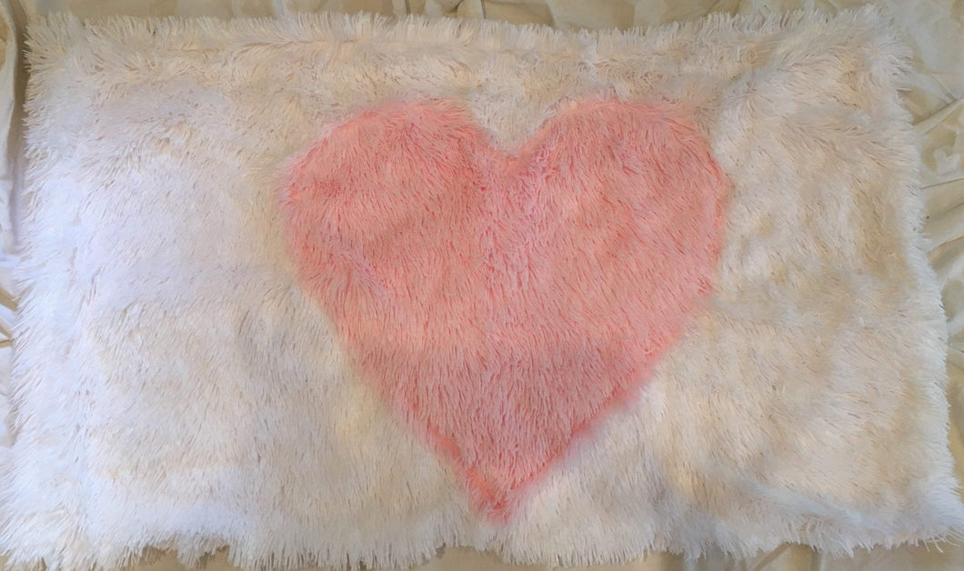 Shaggy White Pillowcase with Shaggy Pink Heart and Ice Pink Rosette Back