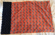 Load image into Gallery viewer, Zig Zag Zebra Print Pillowcase with Navy Rosette Trim and Embossed Orange Chevron Back