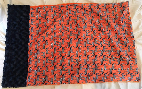 Zig Zag Zebra Print Pillowcase with Navy Rosette Trim and Embossed Orange Chevron Back