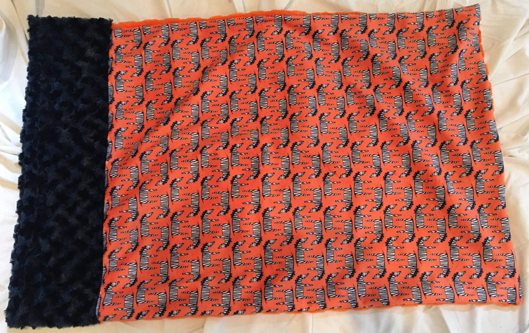 Zig Zag Zebra Print Pillowcase with Navy Rosette Trim and Embossed Orange Chevron Back