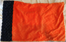 Load image into Gallery viewer, Zig Zag Zebra Print Pillowcase with Navy Rosette Trim and Embossed Orange Chevron Back