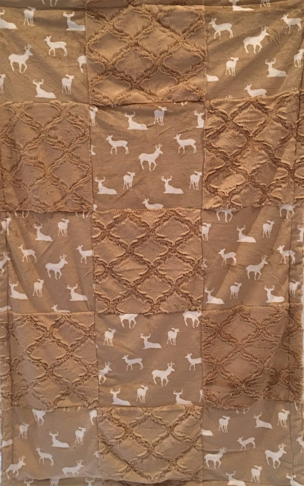 Patchwork Style Blanket: Luxe Cuddle Deer to Me in Sand Patchwork on Luxe Cuddle Lattice Sand