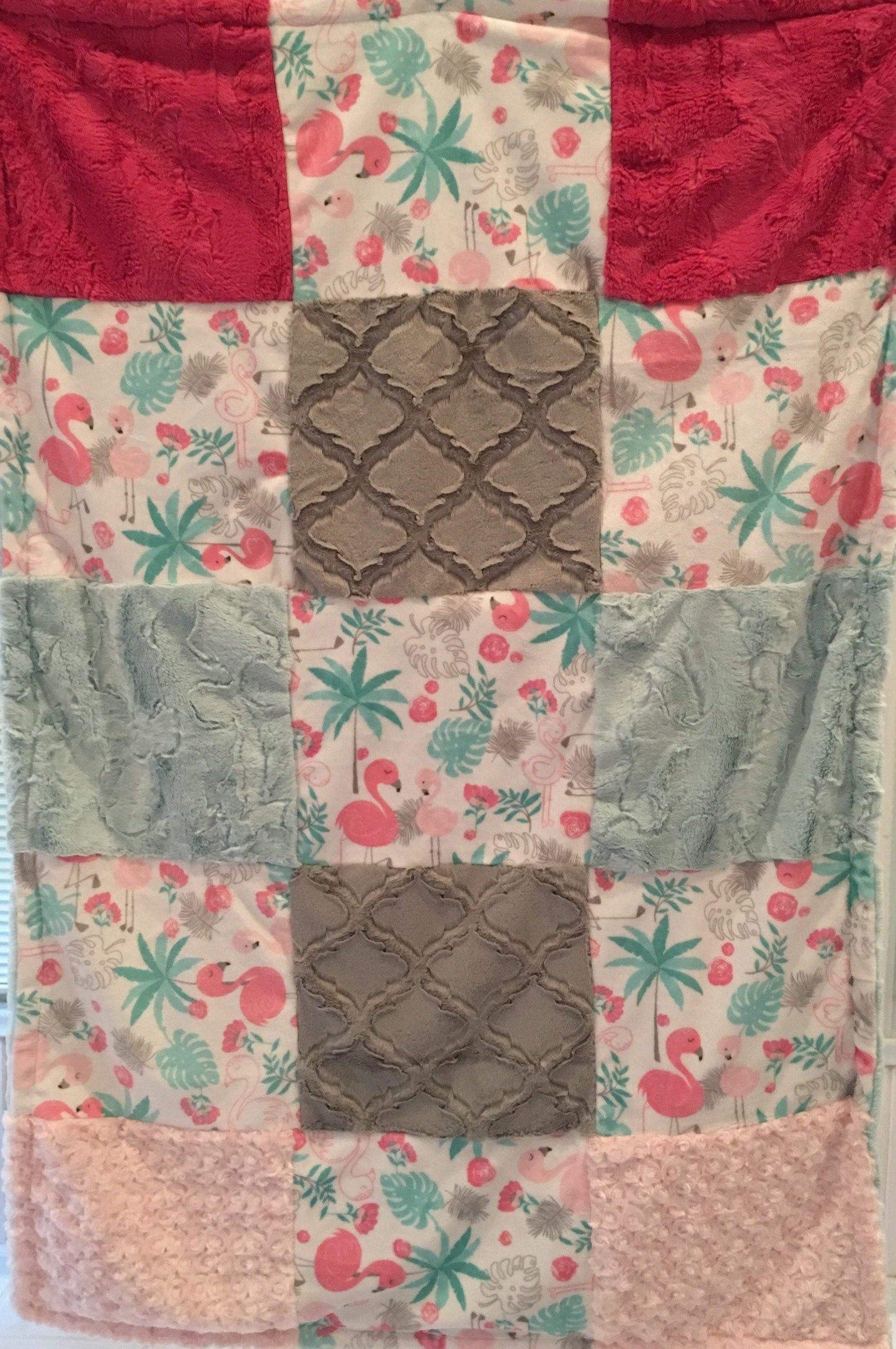 Cuddle Flamingo Patchwork on Luxe Cuddle Sea Glass Hide