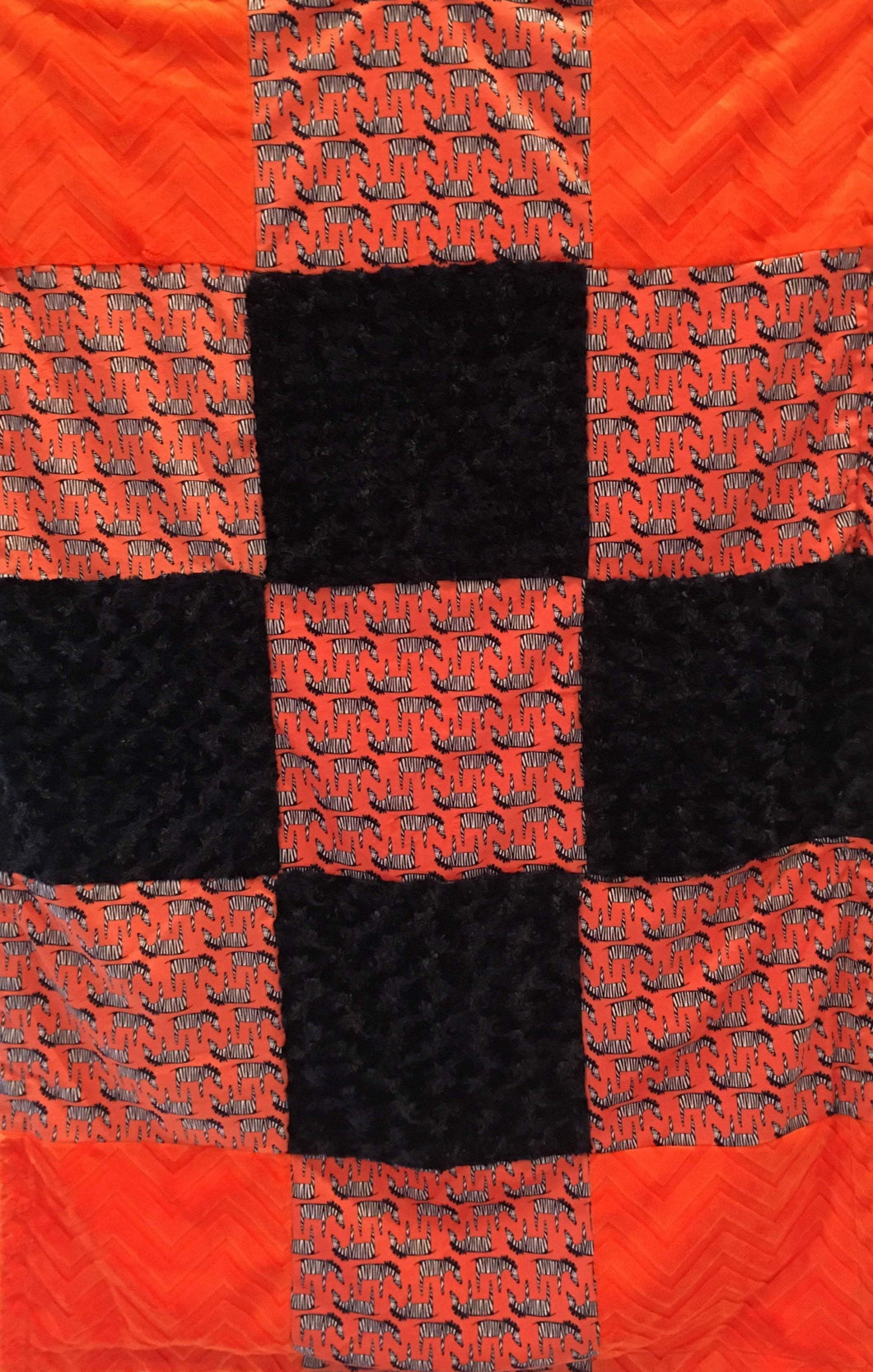 Orange Zig Zag Zebra Patchwork on Luxe Cuddle Embossed Chevron Orange