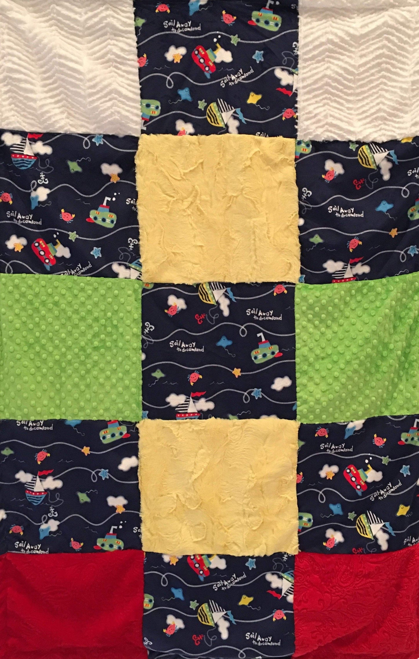 Sail Away in Navy Patchwork on Luxe Cuddle Ziggy in Snow