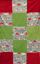 Load image into Gallery viewer, Patchwork Style Blanket: Llama Navidad Patchwork on Embossed Red Paisley