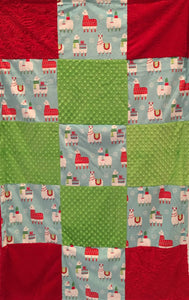Patchwork Style Blanket: Llama Navidad Patchwork on Embossed Red Paisley
