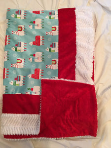 Bordered Style Blanket: Llama Navidad Bordered Luxe on Luxe Cuddle Embossed Paisley in Red
