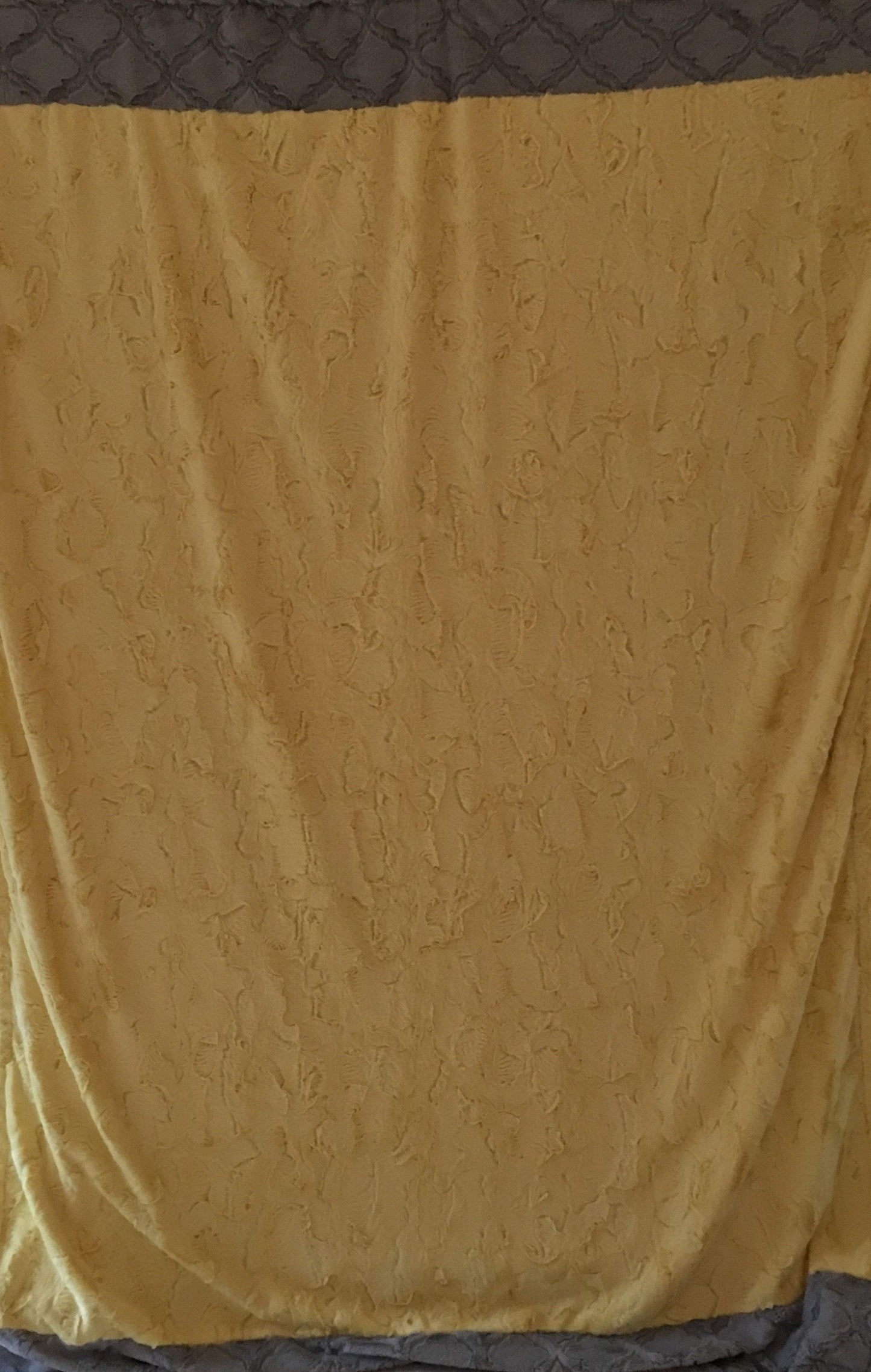 Blanket: Horizontal Bordered Throw Style Blanket in Banana Hide, Lattice in Silver on Lattice in Silver