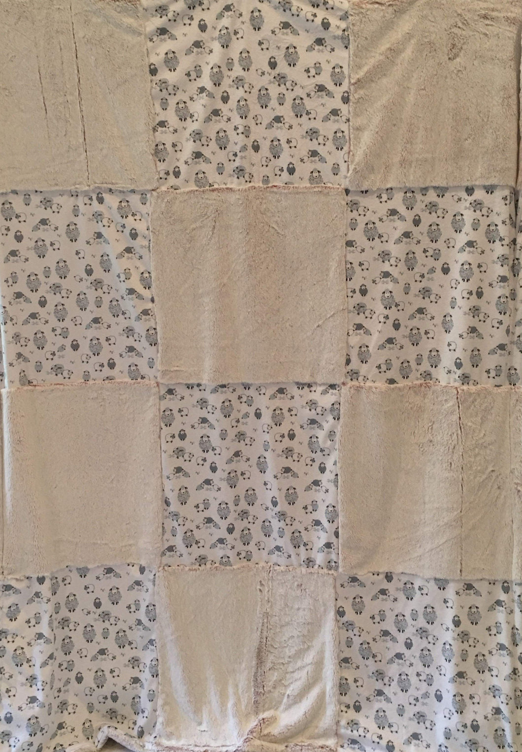 Patchwork Style Blanket: Alpha Sheep in Stone Patchwork on Luxe Cuddle Frost Rosewater