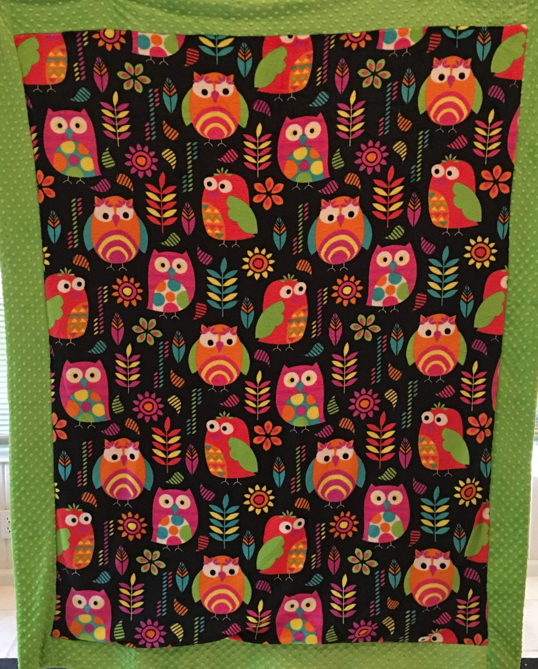 Heavenly Plush Minky Fleece Owl Bordered Luxe Throw on Luxe Lime Dimple Dot