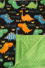 Load image into Gallery viewer, Polar Fleece Bright Dinos on Luxe Cuddle Lime Dimple Dot