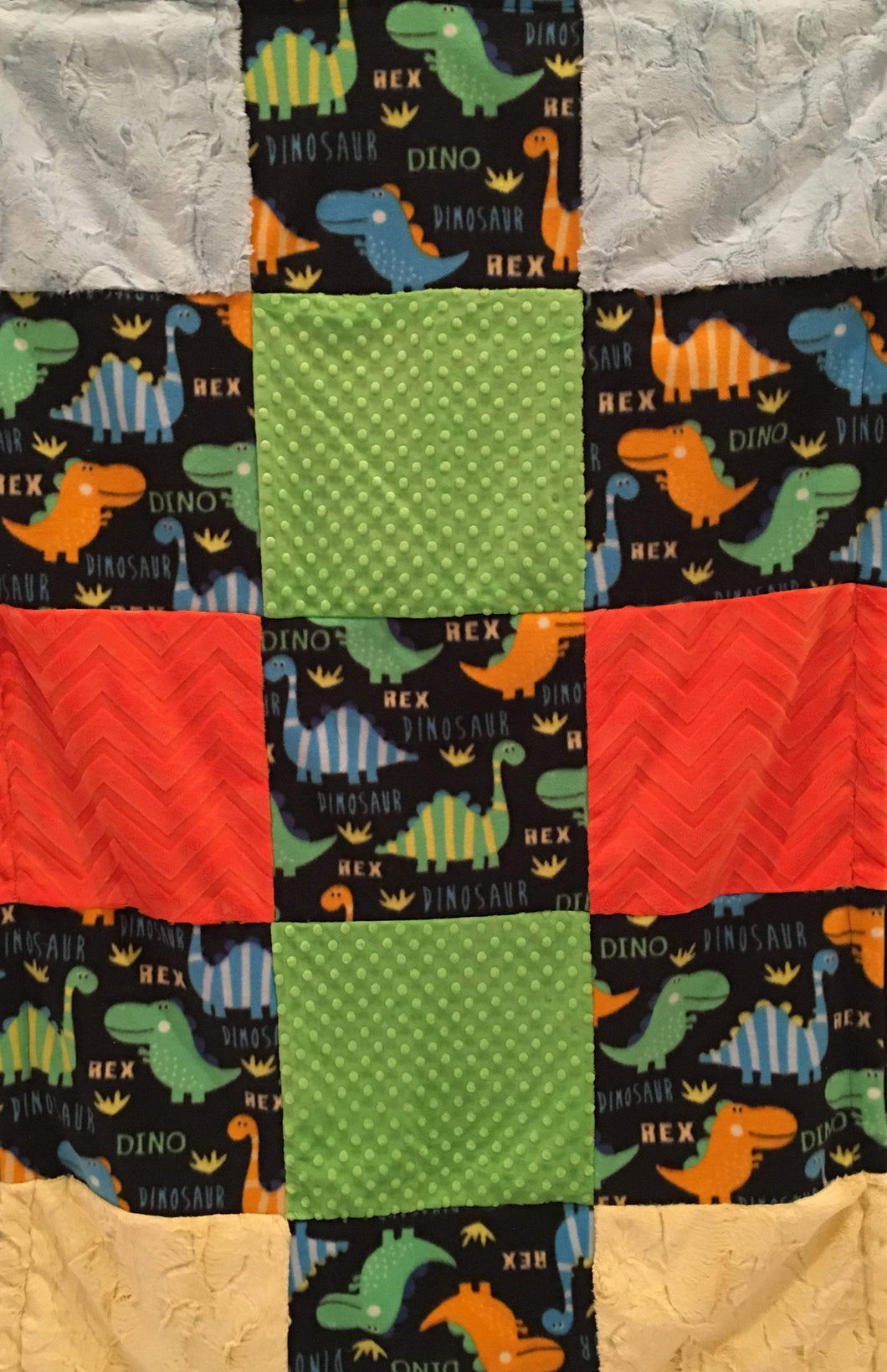 Polar Fleece Bright Dinos Patchwork on Luxe Cuddle Caviar Hide