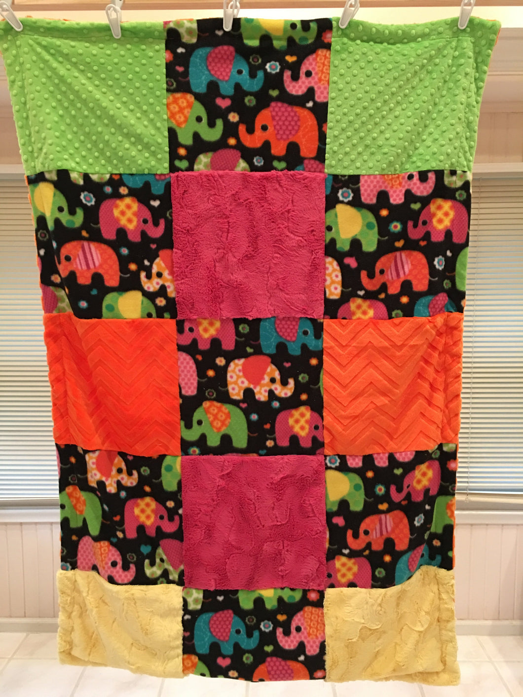 Patchwork Style Blanket: Winter Fleece Elephants Patchwork on Luxe Cuddle Embossed Chevron in Orange