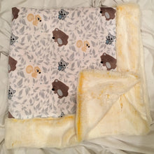 Load image into Gallery viewer, Baby Blanket Bordered in Luxe Cuddle Sunshine Frost on Friendly Forest