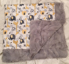 Load image into Gallery viewer, Baby Blanket Bordered in Luxe Cuddle Silver Hide on Jungle Dreams in Yellow