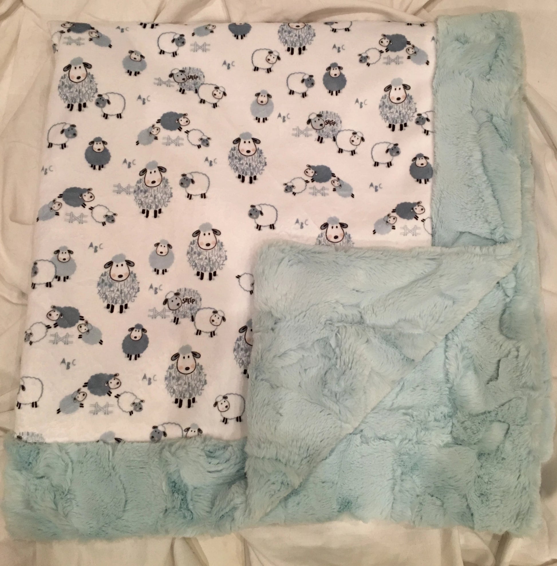 Baby Blanket Bordered in Luxe Cuddle Sea Glass Hide on Alpaclettes in Stone