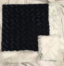 Load image into Gallery viewer, Baby Blanket Bordered in Luxe Cuddle Frost in Evergreen around Rosettes in Navy