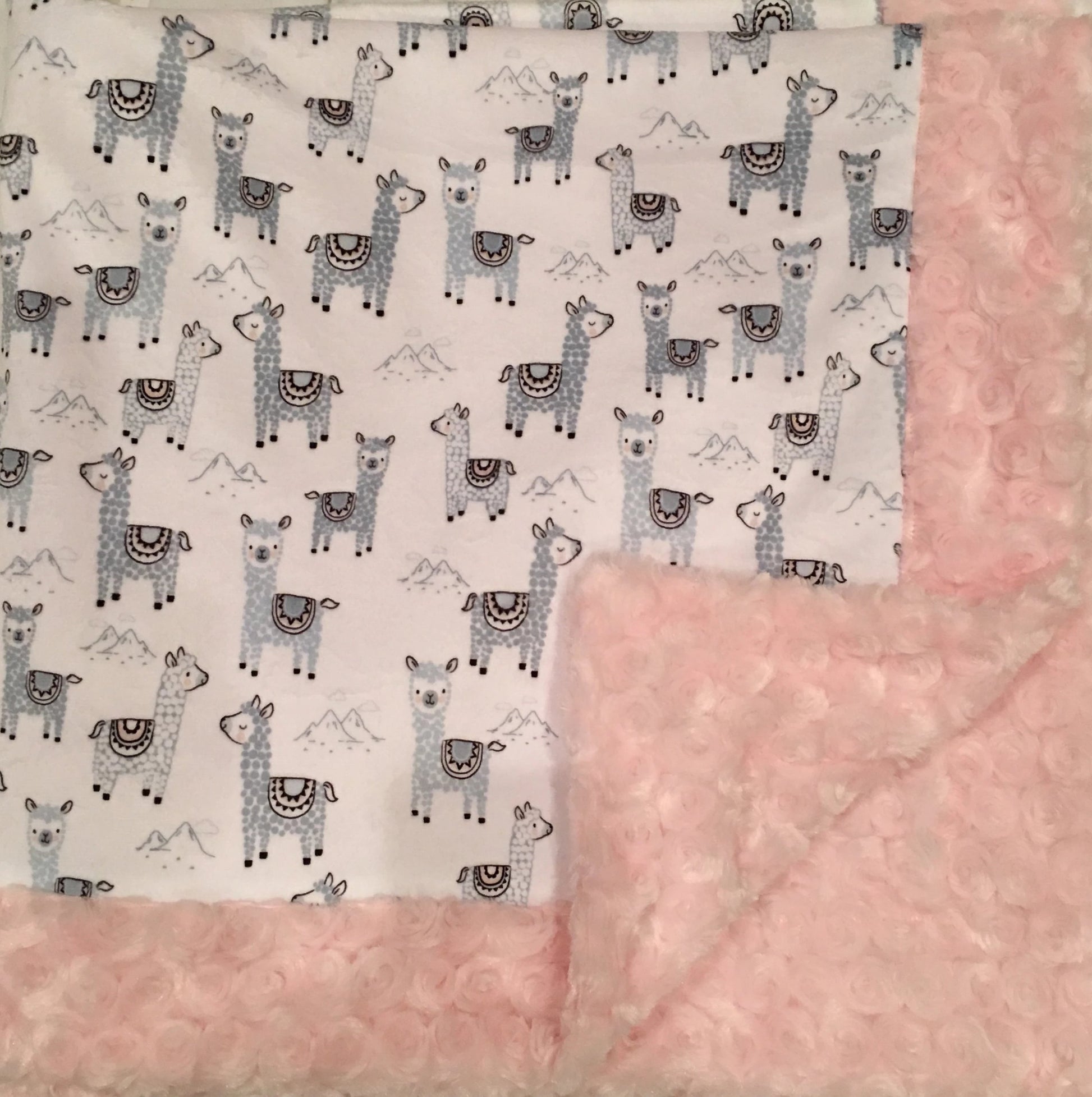 Baby Blanket Bordered in Luxe Cuddle Rosettes in Ice Pink on Alpaclettes in Stone