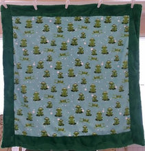 Load image into Gallery viewer, Baby Blanket Bordered and Backed in Luxe Cuddle Kelly Hide on Spoonflower&#39;s Froggy in Kiwi
